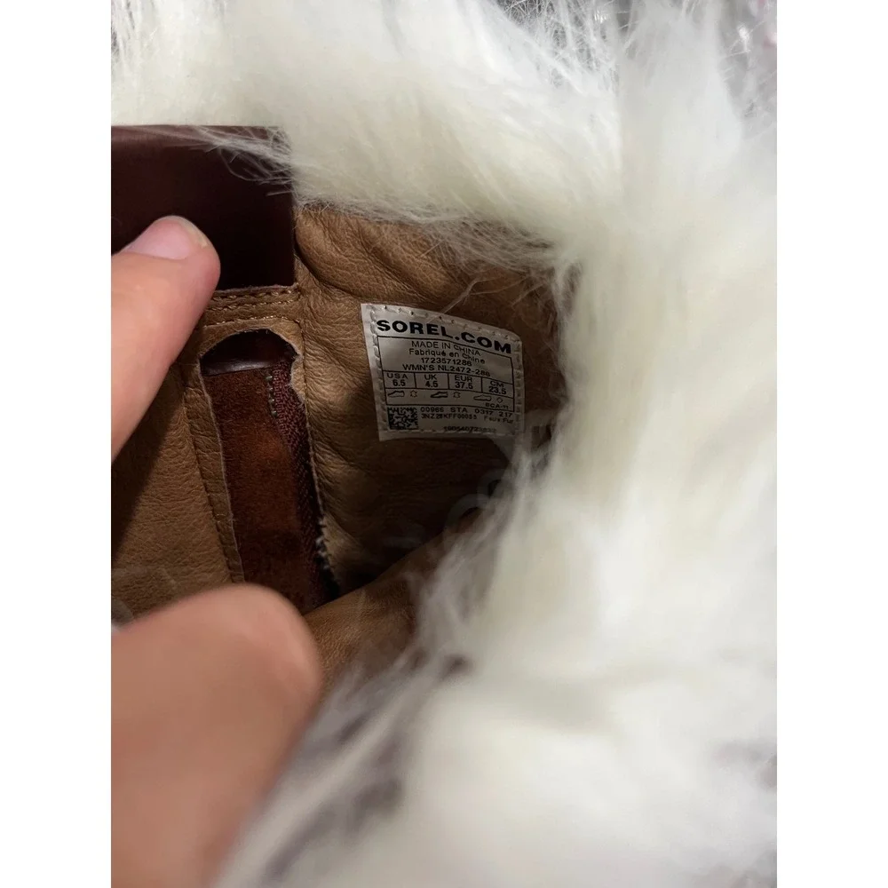 Sorel Faux Fur Trim Brown Leather Wedge Winter Boots Lug Mid Calf Womens‎ 6.5